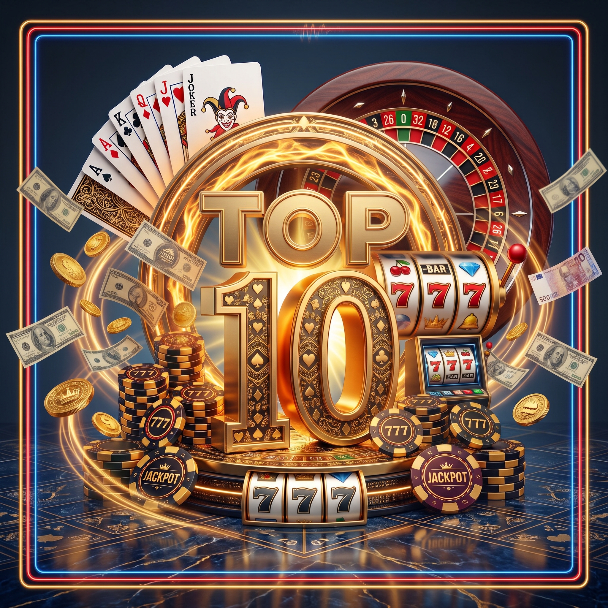 Top 10 casino hotels graphic with cards, roulette and gold chips